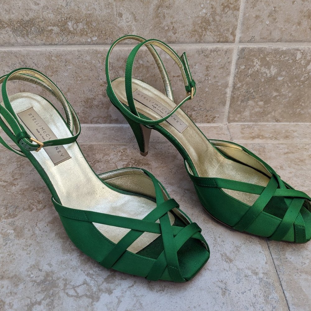 Stella McCartney green ankle strap sandal heels